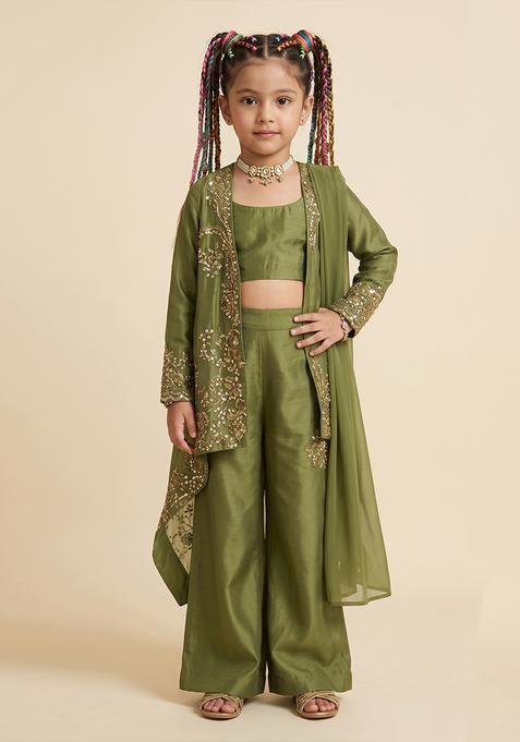 Girls Olive Green Embroidered Handwork Fusion Set