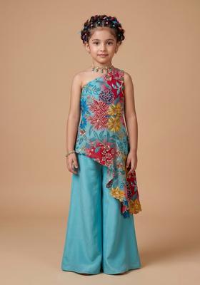 Girls Turquoise Blue Printed Crepe Fusion Set