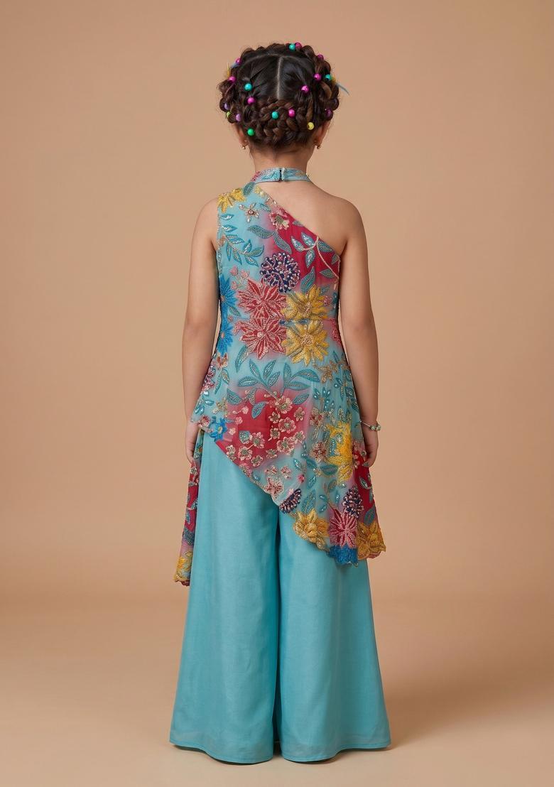 Girls Turquoise Blue Printed Crepe Fusion Set - Indya