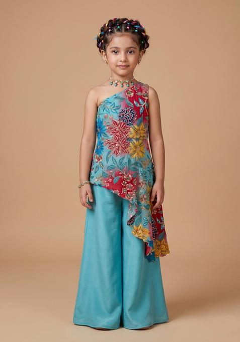 Girls Turquoise Blue Printed Crepe Fusion Set