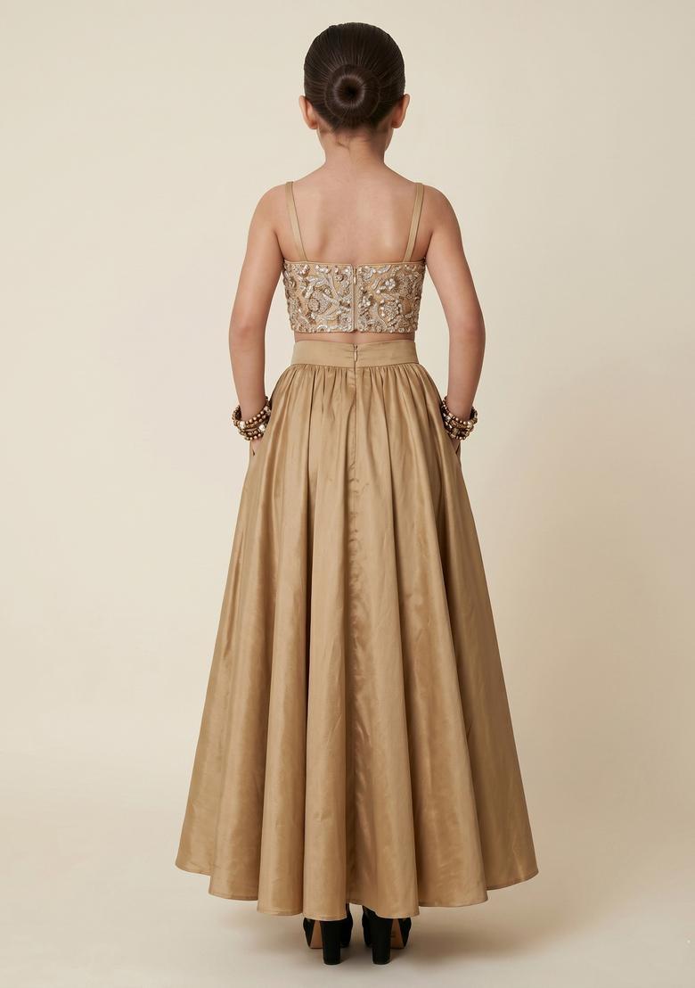 Girls Beige Embroidered Net Prom Dress - Indya