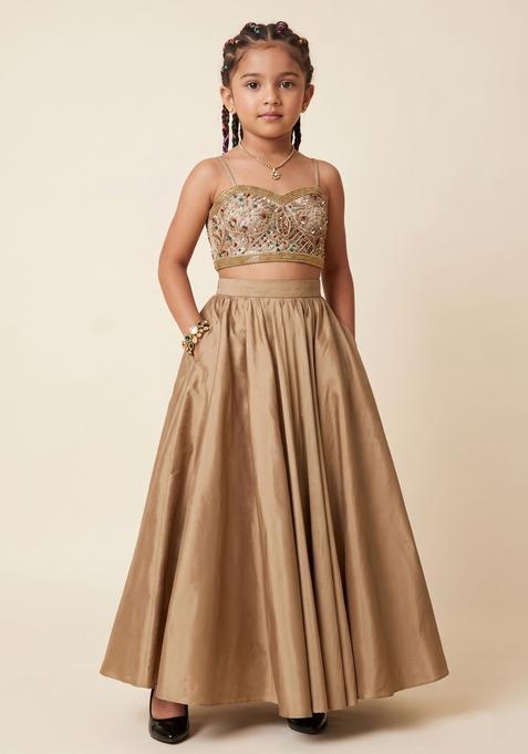 Girls Beige Embroidered Net Prom Dress