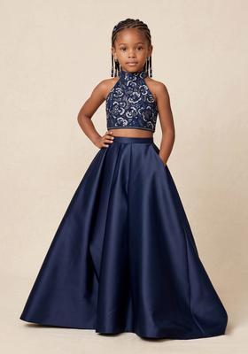 Girls Deep Blue Embroidered Net Prom Dress