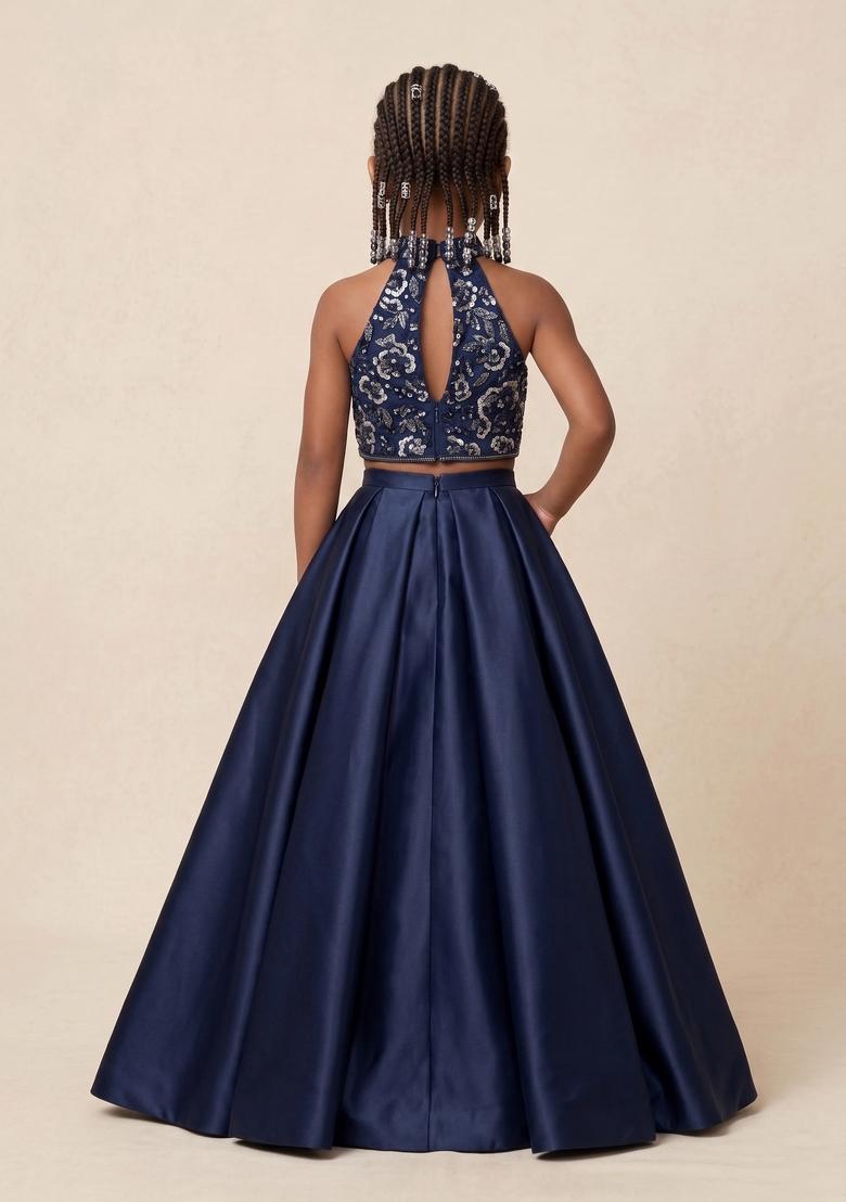 Girls Deep Blue Embroidered Net Prom Dress - Indya