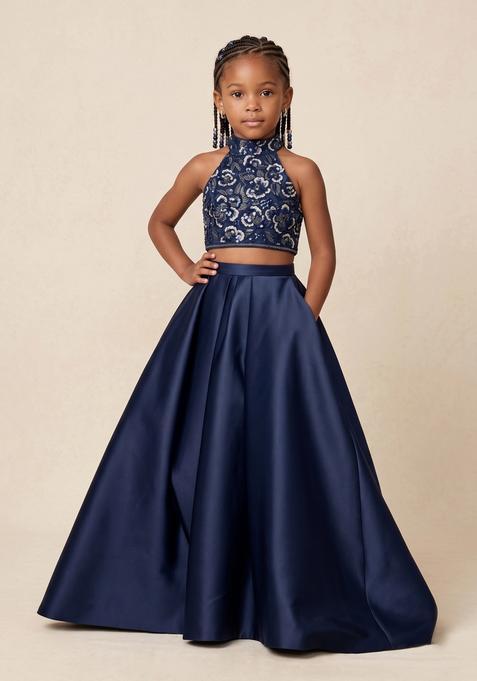 Girls Deep Blue Embroidered Net Prom Dress