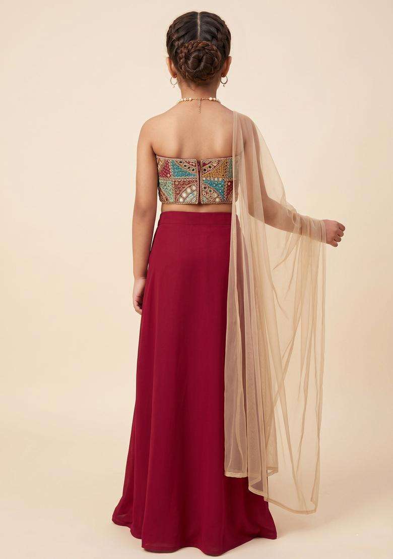 Girls Multicolor Mirror Net Lehenga Set - Indya