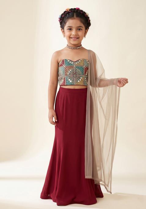 Girls Multicolor Mirror Net Lehenga Set