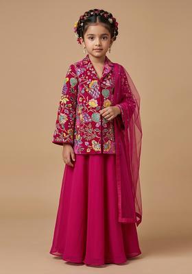 Girls Magenta Printed Crepe Fusion Set