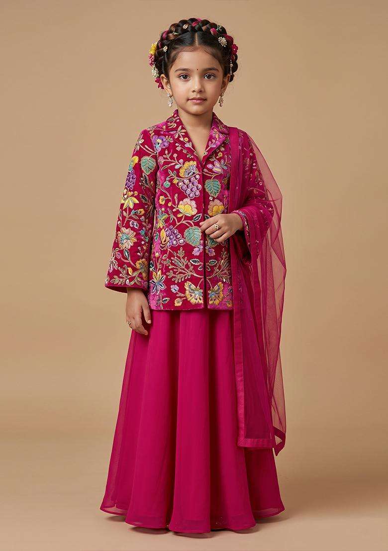 Girls Magenta Printed Crepe Fusion Set - Indya