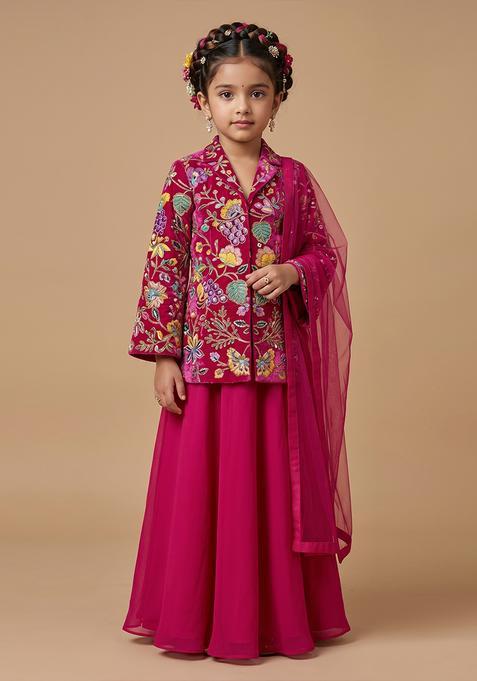 Girls Magenta Printed Crepe Fusion Set