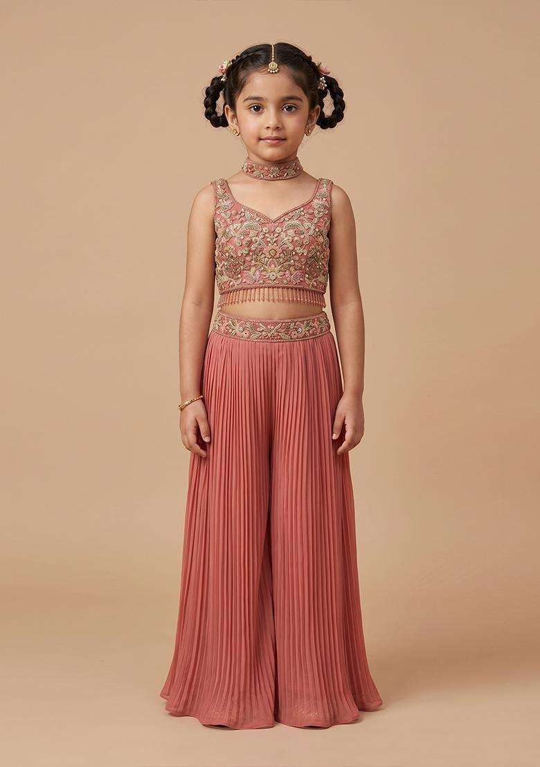 Girls Rose Pink Embroidered Handwork Fusion Set - Indya