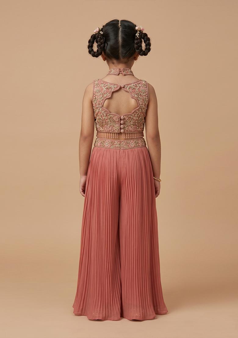 Girls Rose Pink Embroidered Handwork Fusion Set - Indya
