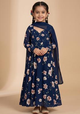 Girls Navy Blue Crepe Floral Printed Anarkali Set