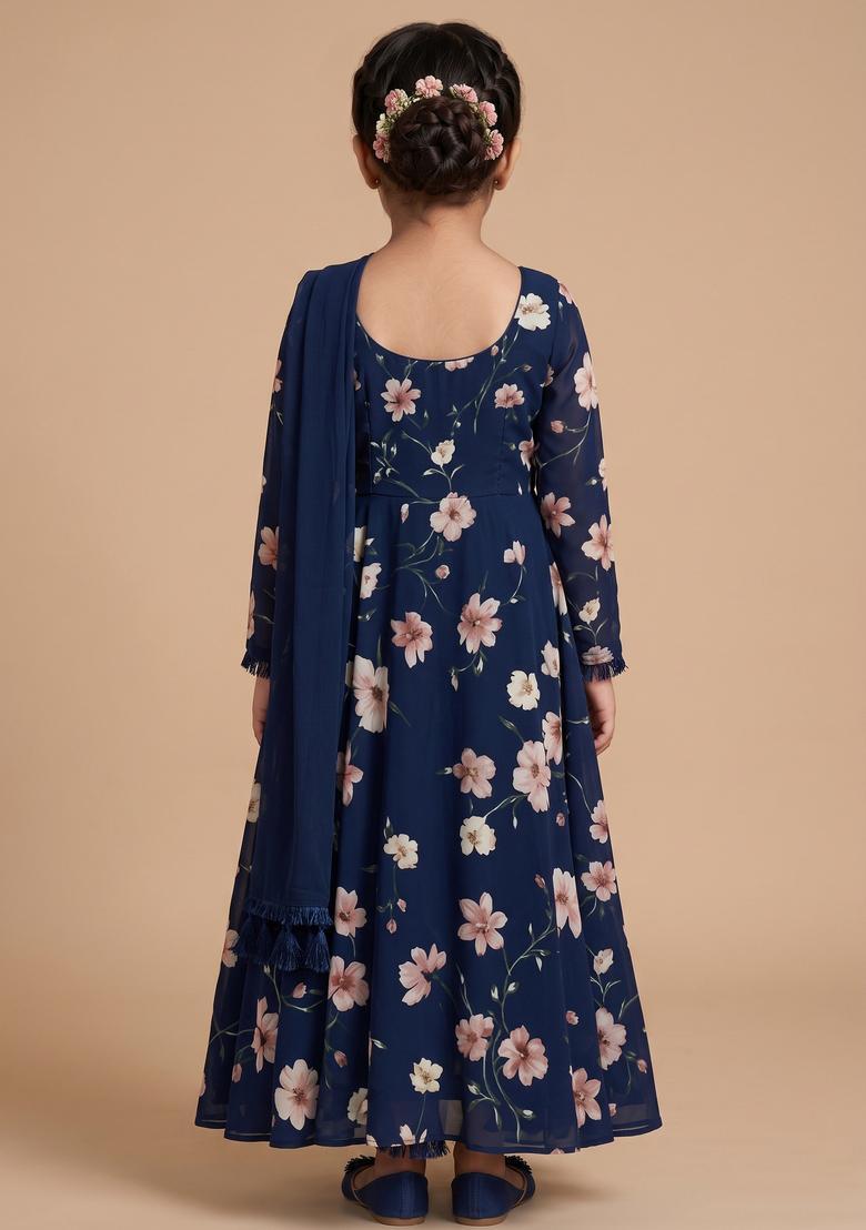 Girls Navy Blue Crepe Floral Printed Anarkali Set - Indya