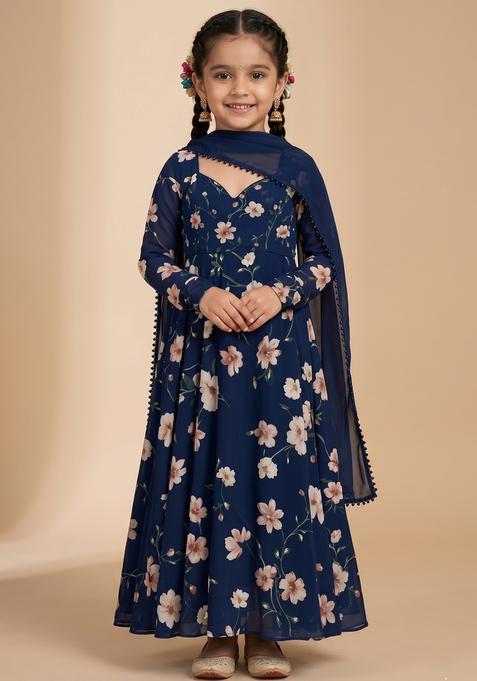 Girls Navy Blue Crepe Floral Printed Anarkali Set