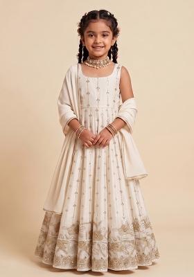Girls White Embroidered Crepe Anarkali Set