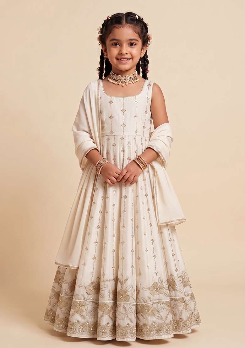 Girls White Embroidered Crepe Anarkali Set - Indya