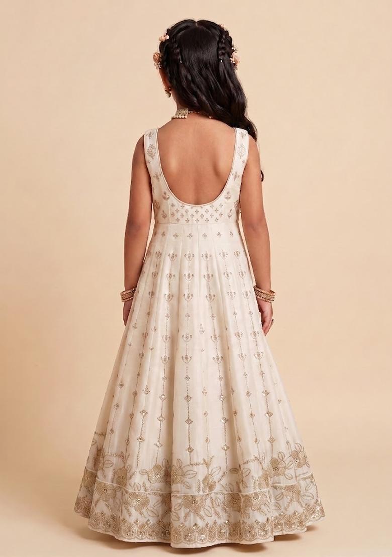 Girls White Embroidered Crepe Anarkali Set - Indya