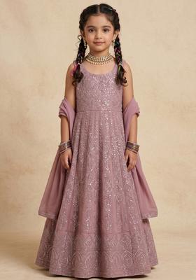 Girls Pink Sequin Net Anarkali Set