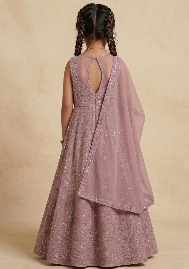 Girls Pink Sequin Net Anarkali Set - Indya
