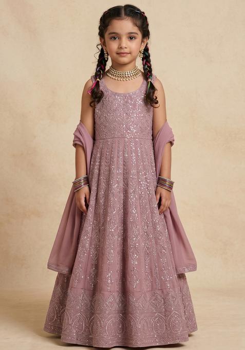 Girls Pink Sequin Net Anarkali Set