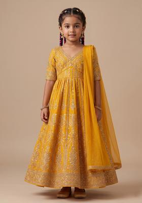 Girls Yellow Embroidered Crepe Anarkali Set