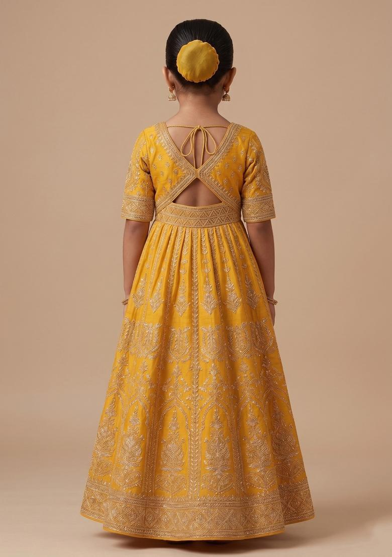 Girls Yellow Embroidered Crepe Anarkali Set - Indya