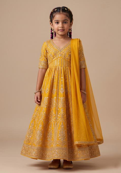 Girls Yellow Embroidered Crepe Anarkali Set