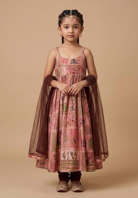 Girls Pink Printed Silk Anarkali Set