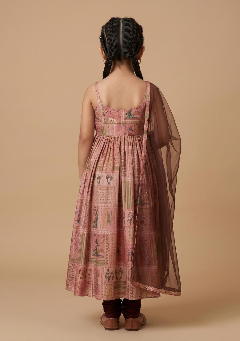 Girls Pink Printed Silk Anarkali Set - Indya