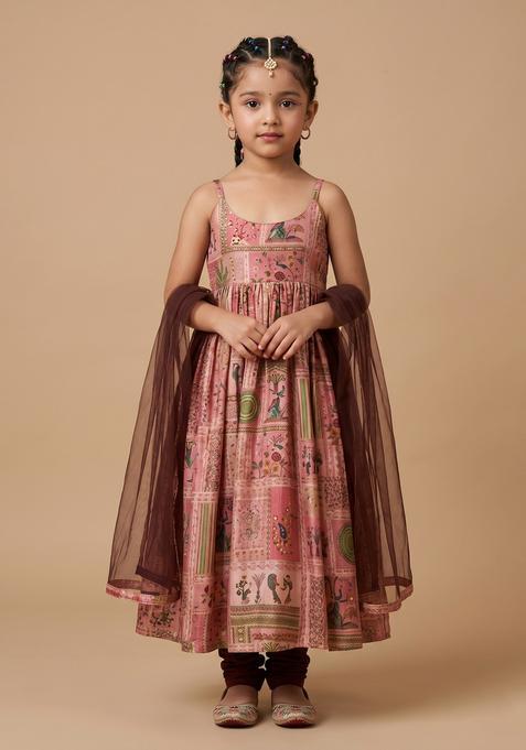 Girls Pink Printed Silk Anarkali Set
