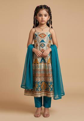 Girls Blue Sequin Crepe Kurta Set