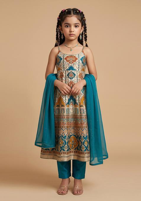 Girls Blue Sequin Crepe Kurta Set