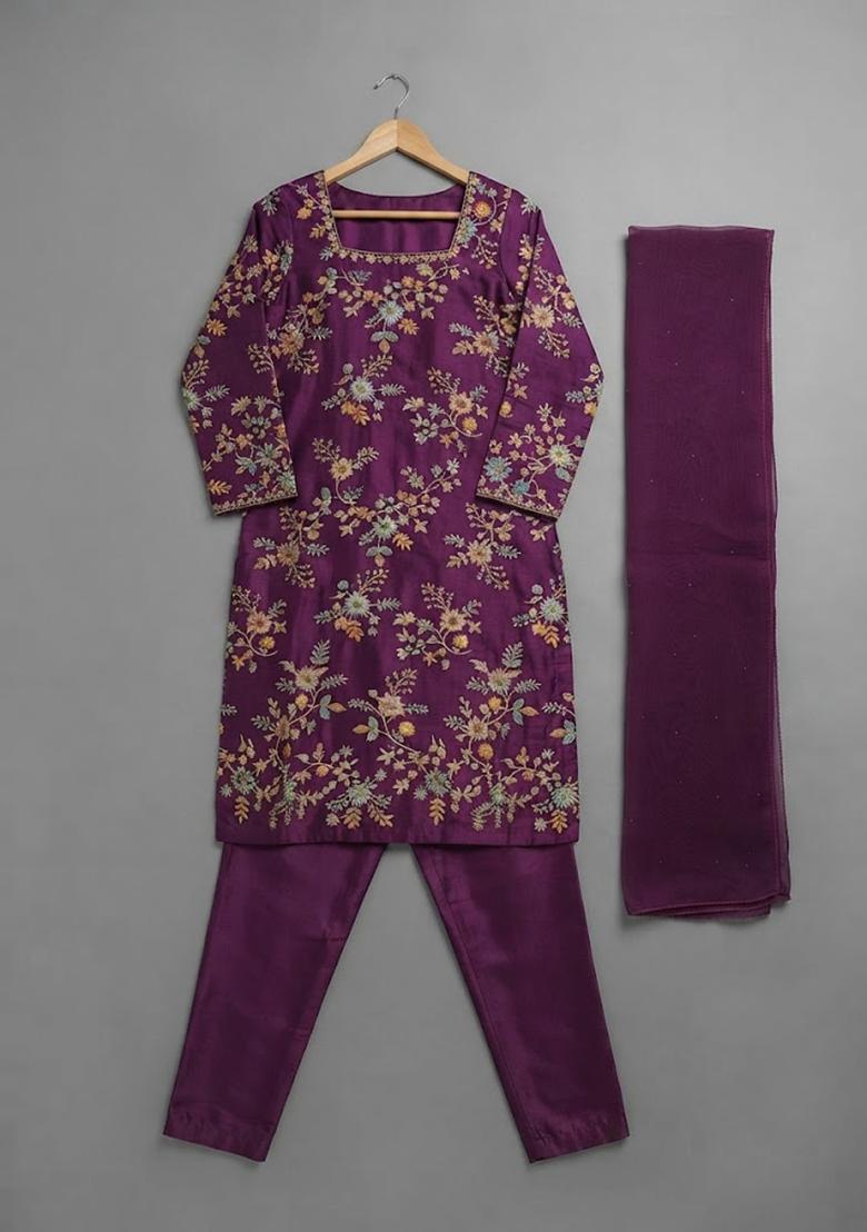 Girls Plum Purple Embroidered Crepe Straight Kurta Set - Indya