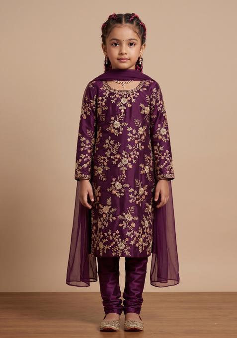 Girls Plum Purple Embroidered Crepe Straight Kurta Set