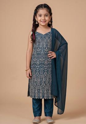 Girls Dark Blue Printed Georgette Pakistani Suit Set