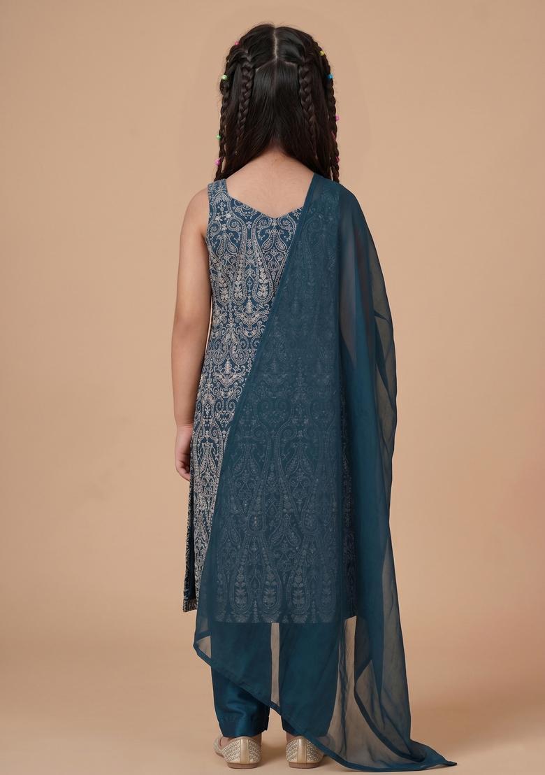 Girls Dark Blue Printed Georgette Pakistani Suit Set - Indya