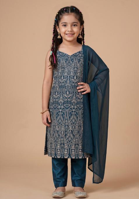 Girls Dark Blue Printed Georgette Pakistani Suit Set