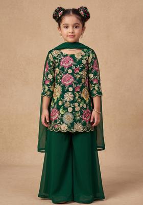Girls Green Embroidered Crepe Sharara Set