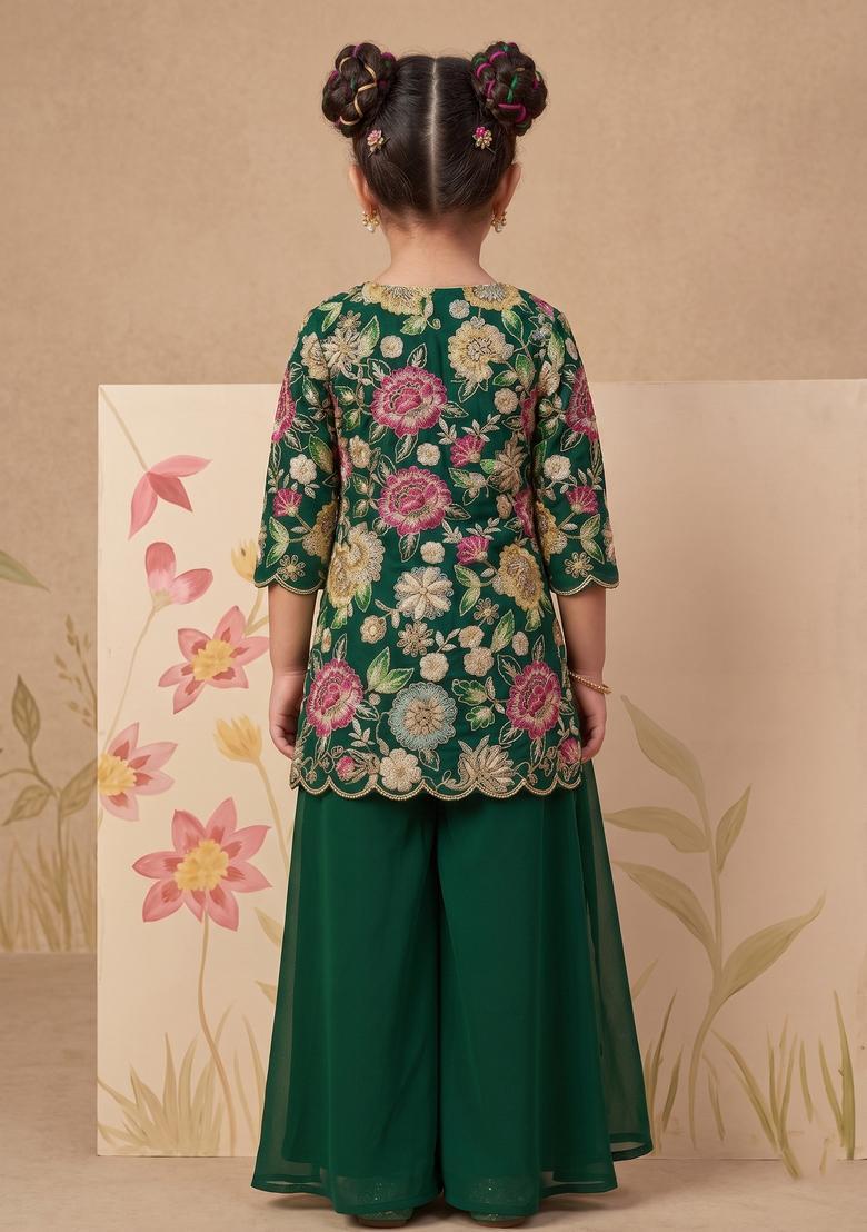 Girls Green Embroidered Crepe Sharara Set - Indya