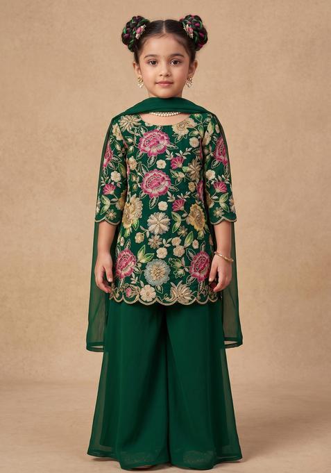 Girls Green Embroidered Crepe Sharara Set