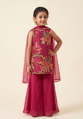 Girls Red Floral Print Tissue Sharara Set