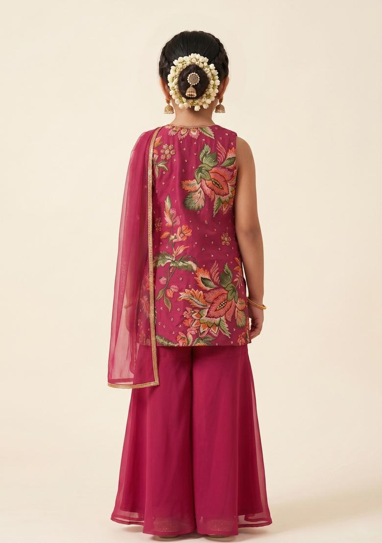 Girls Red Floral Print Tissue Sharara Set - Indya