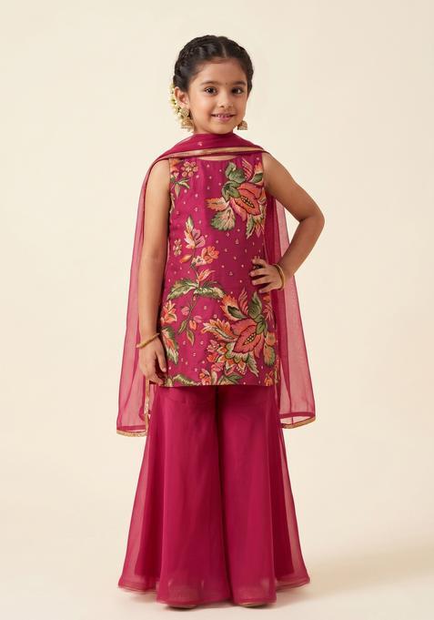 Girls Red Floral Print Tissue Sharara Set