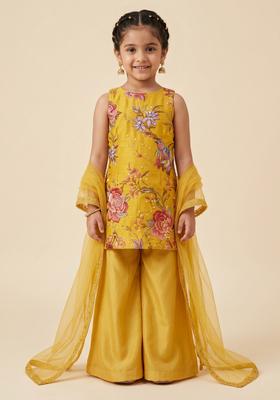Girls Yellow Floral Print Tissue Sharara Set