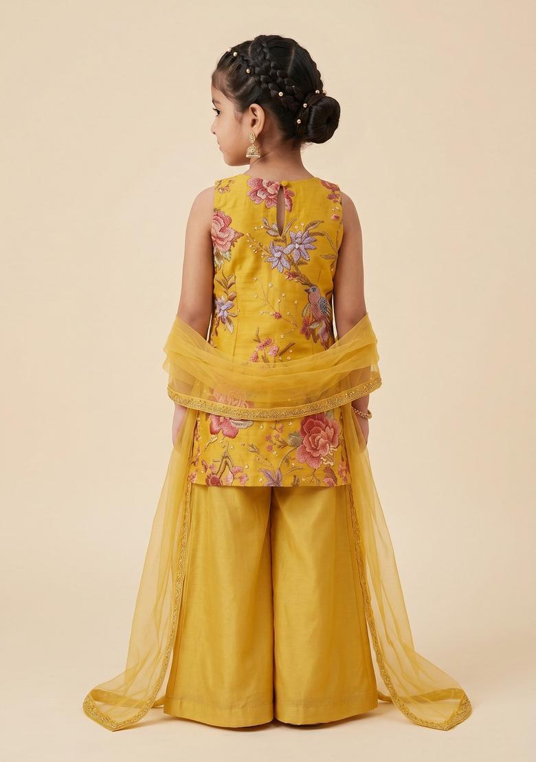 Girls Yellow Floral Print Tissue Sharara Set - Indya