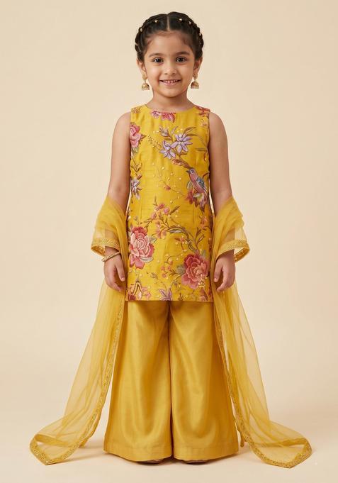 Girls Yellow Floral Print Tissue Sharara Set