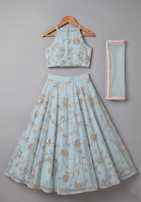 Girls Blue Embroidered Silk Lehenga Set