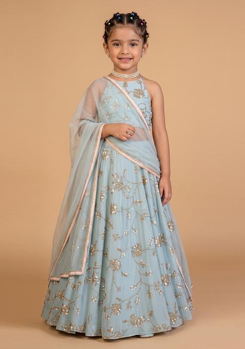 Girls Blue Embroidered Silk Lehenga Set