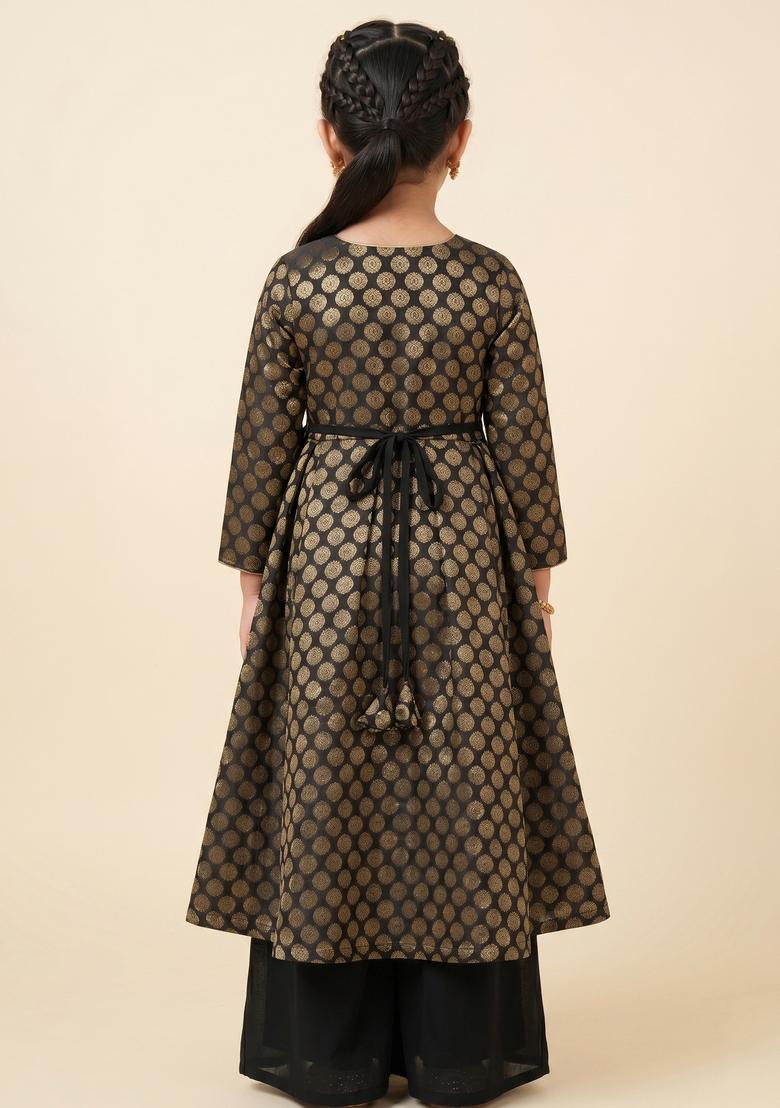 Girls Black Brocade Anarkali Set - Indya